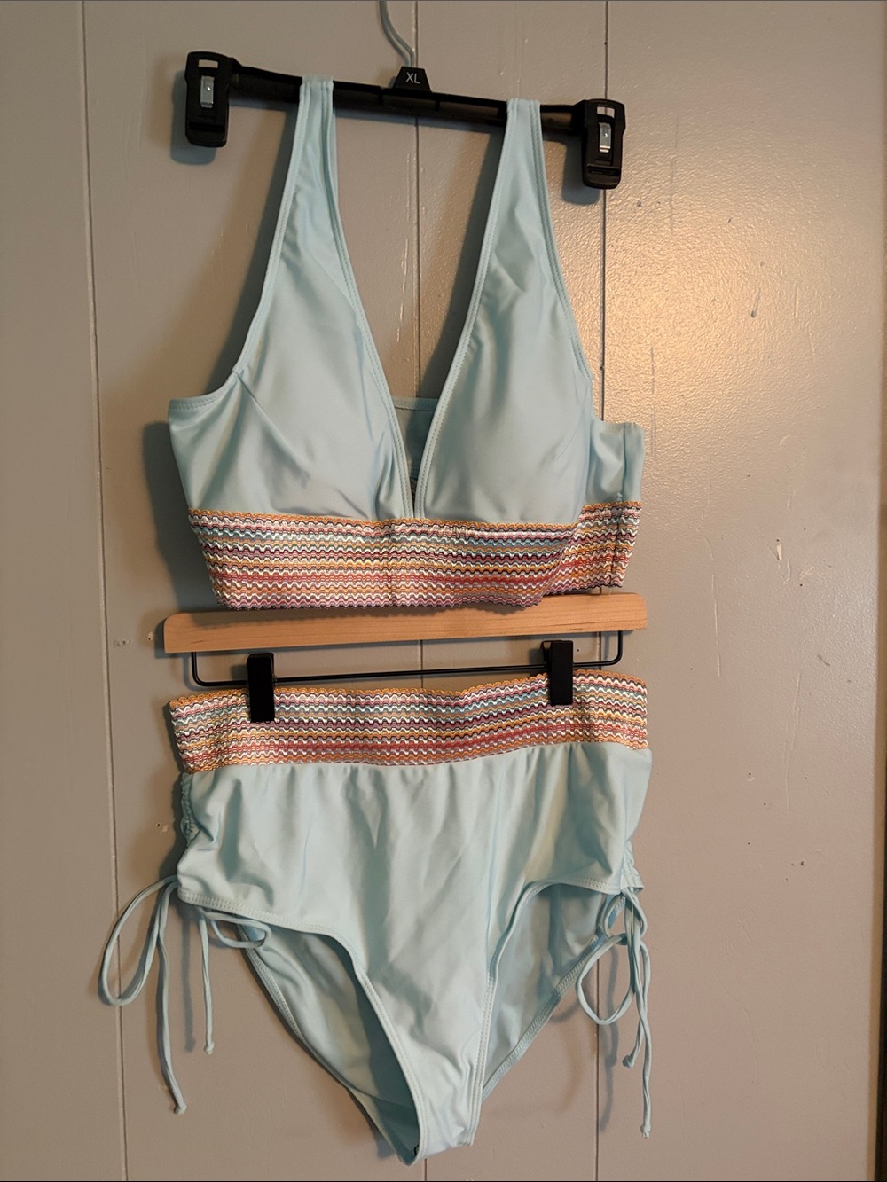 Light Blue High-Waist Bikini Set with Multicolor Smocked Band